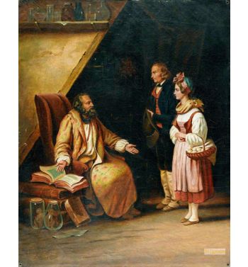 A Young Couple Visit A Savant Who Consults Ancient Volumes In Order To Provide Counselling To Them