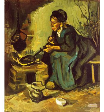 Peasant Woman Cooking By A Fireplace