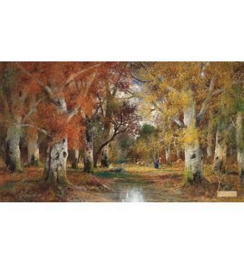 Autumn Forest with a Woman Collecting Firewood 2