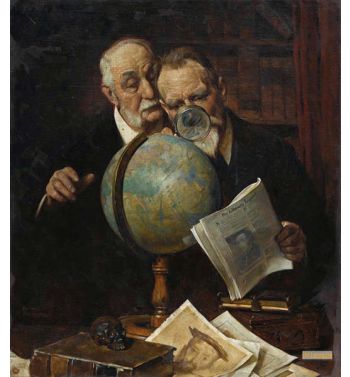 Settling An Argument Two Men Consulting the Globe