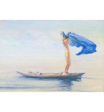 Girl In Bow Of Canoe Spreading Out Her Loin Cloth For A Sail