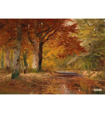 Autumn Forest with a Woman Collecting Firewood