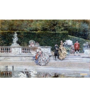 View Of Garden Of Versailles With People Dressed In Eighteenth