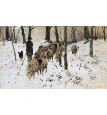 Winter Landscape With Sheep Flock