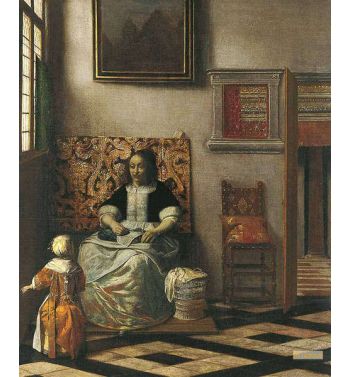 Interior With A Woman Sewing And A Child