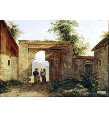 A Farmyard With Peasants At A Gateway