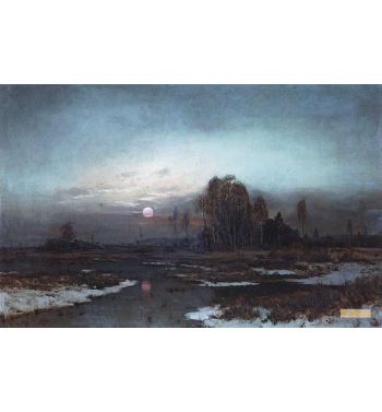 Autumn Landscape With A Swampy River In The Moonlight