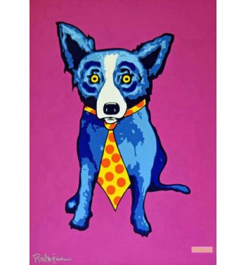 Untitled Blue Dog With Magenta Background Yellow Red Poka Dot Tie