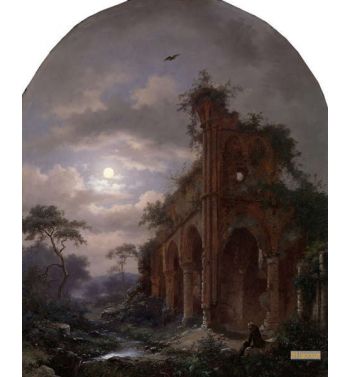 Monk Meditating Near A Ruin By Moonlight