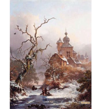An Idyllic Winter Scene With Woodgatherers Near A Castle