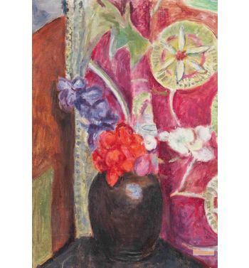 Red And Blue Flowers In A Black Vase