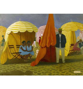 The Beach Holidaymakers Under The Umbrellas Sheltered
