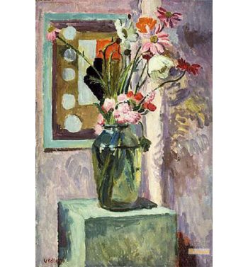 Flowers In A Glass Vase With Abstract Needlework Design