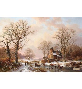 A Winter Landscape With Skating Figures Near A Castle