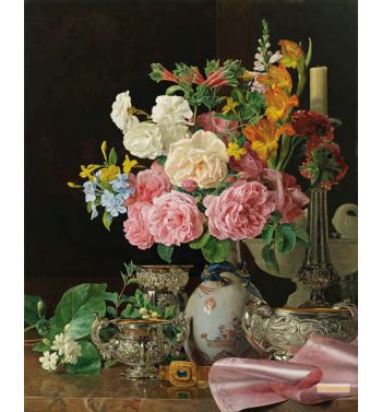 Flowers In A Porcelain Vase With Candlestick And Silver Vessels 183