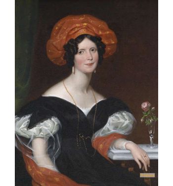 Portrait Of A Seated Lady With Red Scarf And Red Headgear