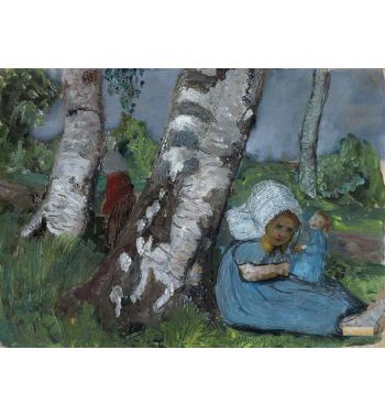 Child With Doll Sitting On Birch Tree