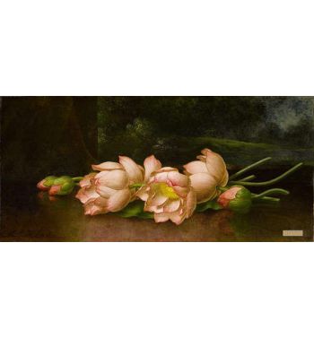 Lotus Flowers With A Landscape Painting In The Background
