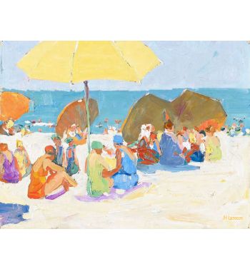 Beach Scene with Red and White Umbrellas