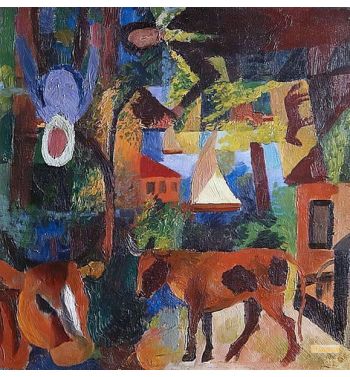 Landschaft Mit Kühen Segelboot Und Figuren