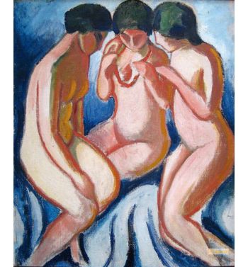 Three Nudes Against Blue Background