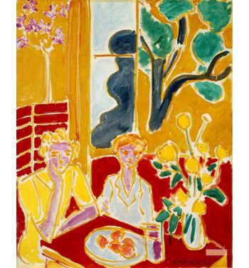 Two Girls In A Yellow And Red Interior