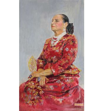 Helena Rubinstein in a Red Brocade Balenciaga Gown