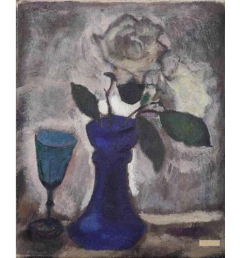 A Still Life With Roses In A Blue Vase And A Turquoise Glass, 1935