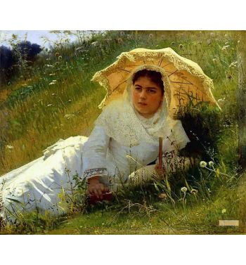 Woman With An Umbrella In The Grass Midday