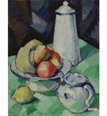 Still Life With Teapot And Fruit On A Green Tablecloth, c1913