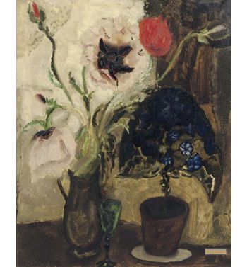 A Still Life With Flowers And A Green Glass