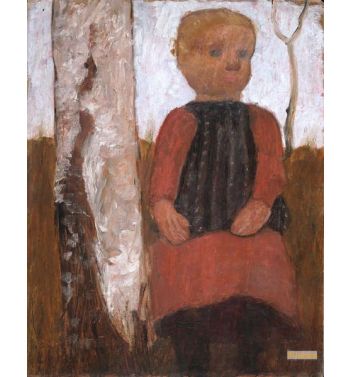 Child In Red Dress At The Birch Trunk