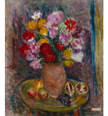 Still Life At The Vase Of Flowers And Fruits