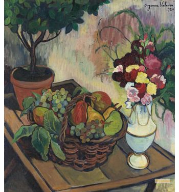 Nature Morte Au Bouquet De Fleurs Et À La Corbeille De Fruits