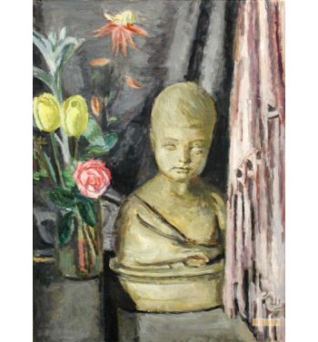 Still Life With Tulips And Roses In A Vase And A Bust Of A Child