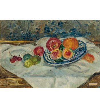 Blue Plate With Fishes And Cherries
