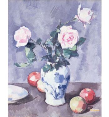 Still Life Of Roses In A Blue And White Vase