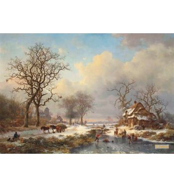 Winter Landscape With Children Playing On The Ice