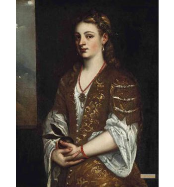 Lady In A Gold Brocade Dress With Pearl Buttons