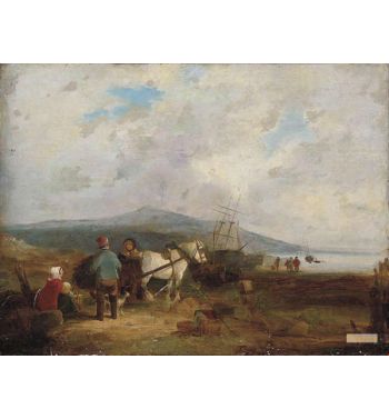 Kelp Gatherers On A Beach With Boats Beyond