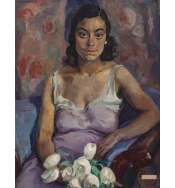 Seated Woman With White Tulips