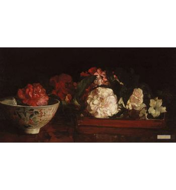 Flowers On A Japanese Tray On A Mahogany Table