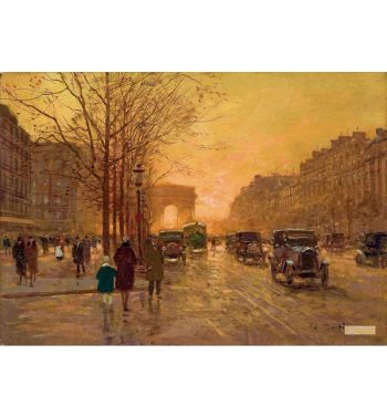 Arc De Triomphe And Champs Elysees At Sunset
