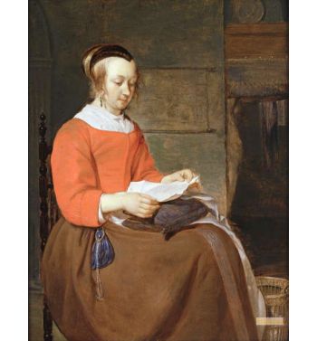 A Young Woman Seated In An Interior Reading A Letter
