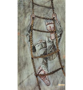 Man Climbing On Rope Ladder