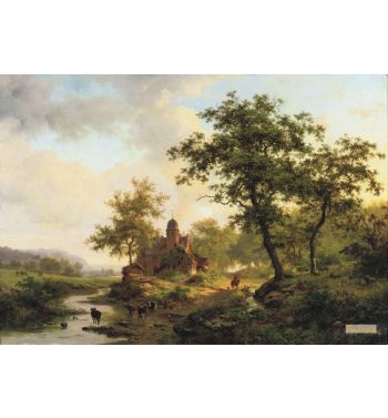 Cattle Drinking From A Stream In A Summer Landscape
