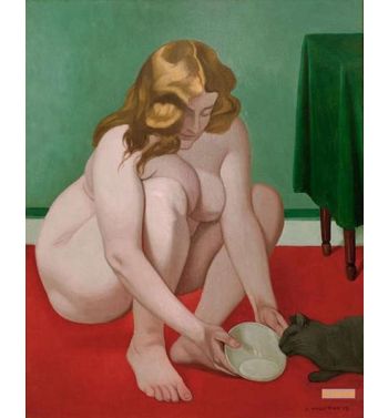 Squatting Woman Offering Milk To A Cat