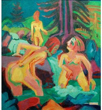In The Mountain Stream Bathing Naked Women