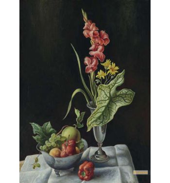 Still Life with Fruit and Flowers on a Table Top