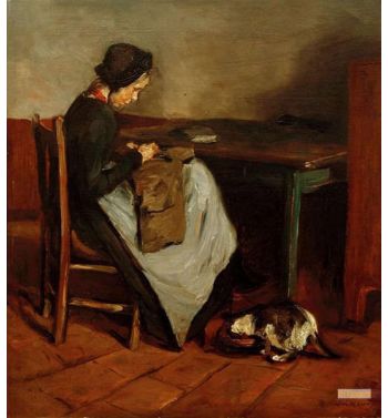 Sewing Girl With Cat Dutch Interior